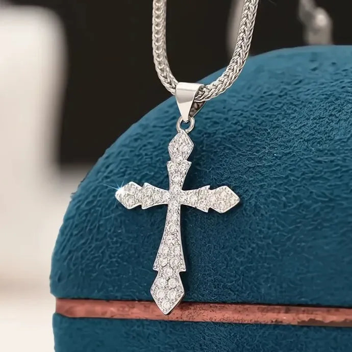 Women Silver Cross Pendant Necklace CZ Shining Party Jewelry Copper Alloy