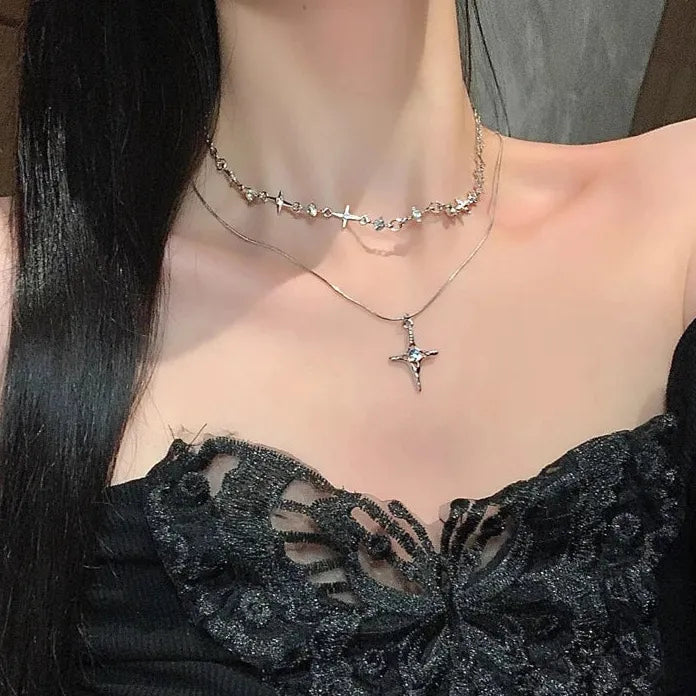 Adjustable Y2K Zinc Alloy Cross Zircon Pendant Necklace for Women Gift