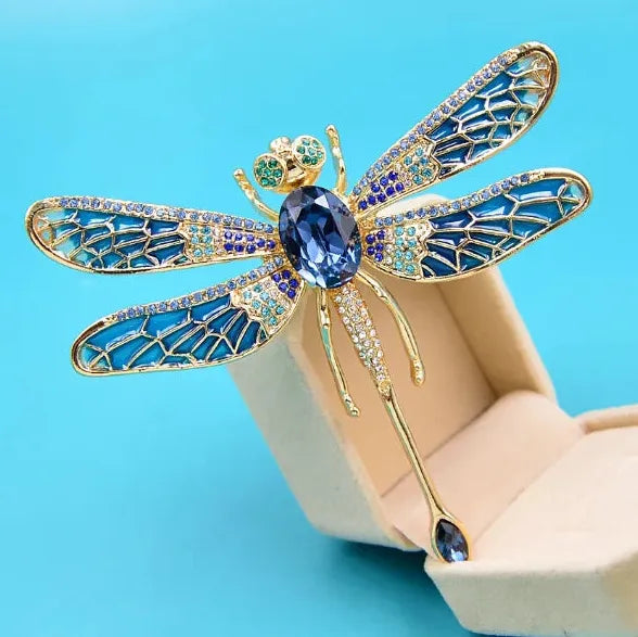 Blue Crystal Rhinestone Dragonfly Brooch Lapel Pin Gift for Women