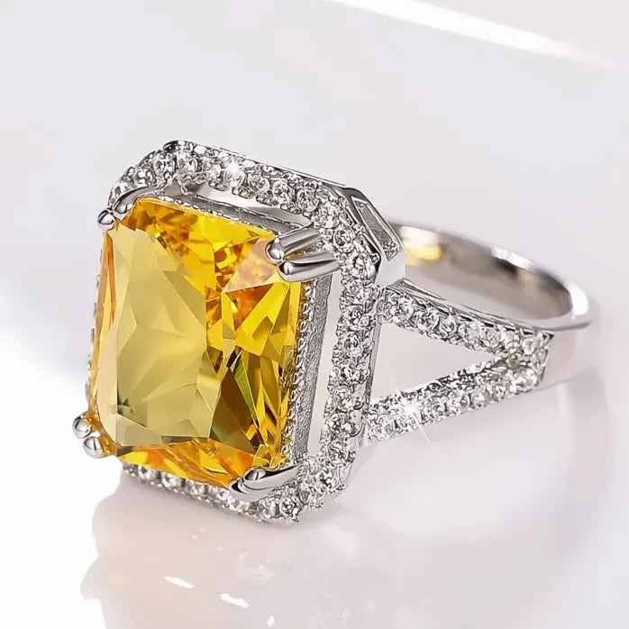 Women’s Brass Geometric Ring with Yellow Cubic Zirconia for Party