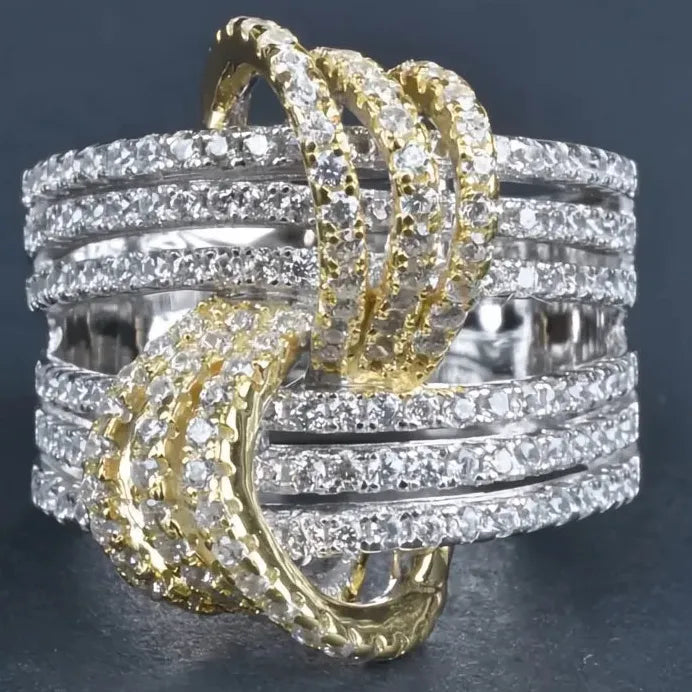 Elegant Two-Tone Geometric Finger Ring with Cubic Zirconia for Women