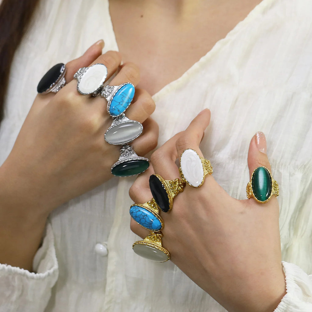 18k Gold Plated Stainless Steel Gothic Turquoise Opal Oversize Knuckle Ring