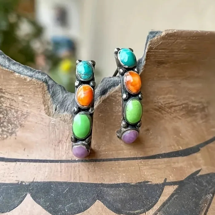 Bohemian Vintage Colored Gemstone Drop Earrings Zinc Alloy Women's Jewelry