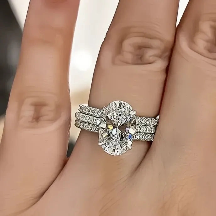 Oval Cubic Zirconia 3Pcs Bridal Wedding Rings Set for Women Silver Color Trendy Jewelry