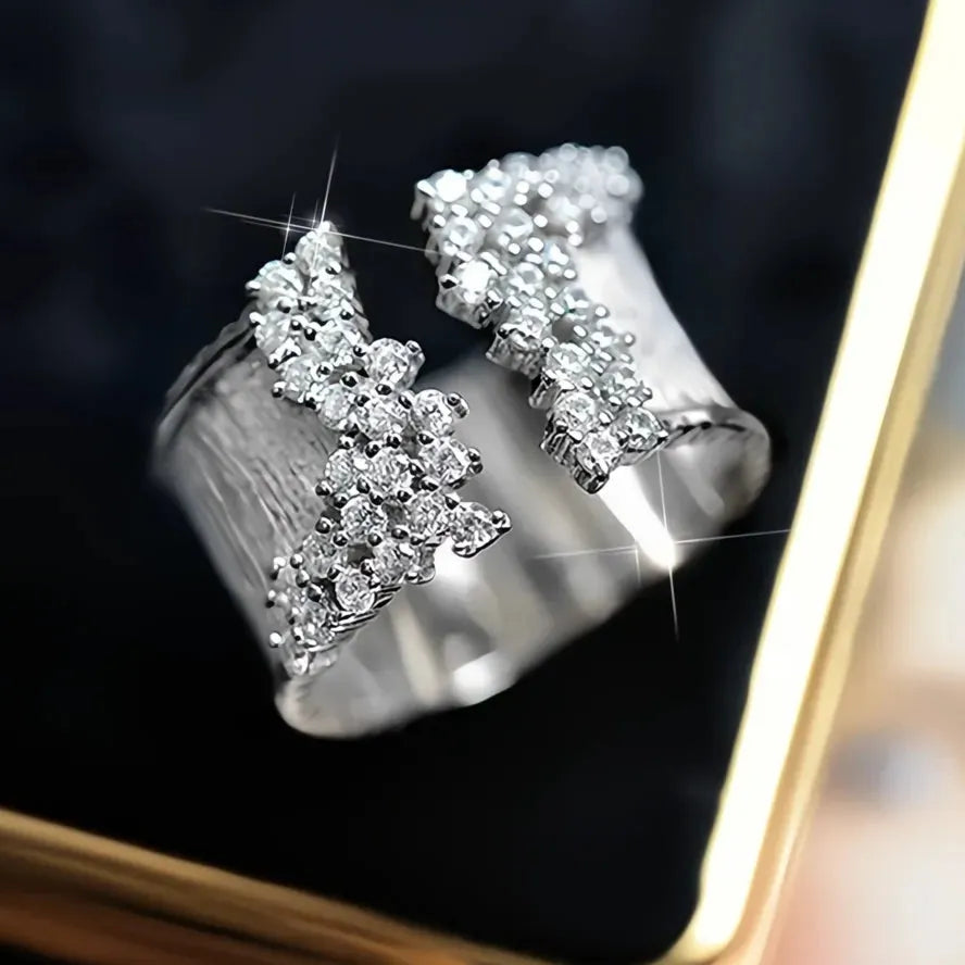 Luxury Gold Color Cubic Zirconia Geometric Wide Band Ring for Women Brass OL Style Jewelry