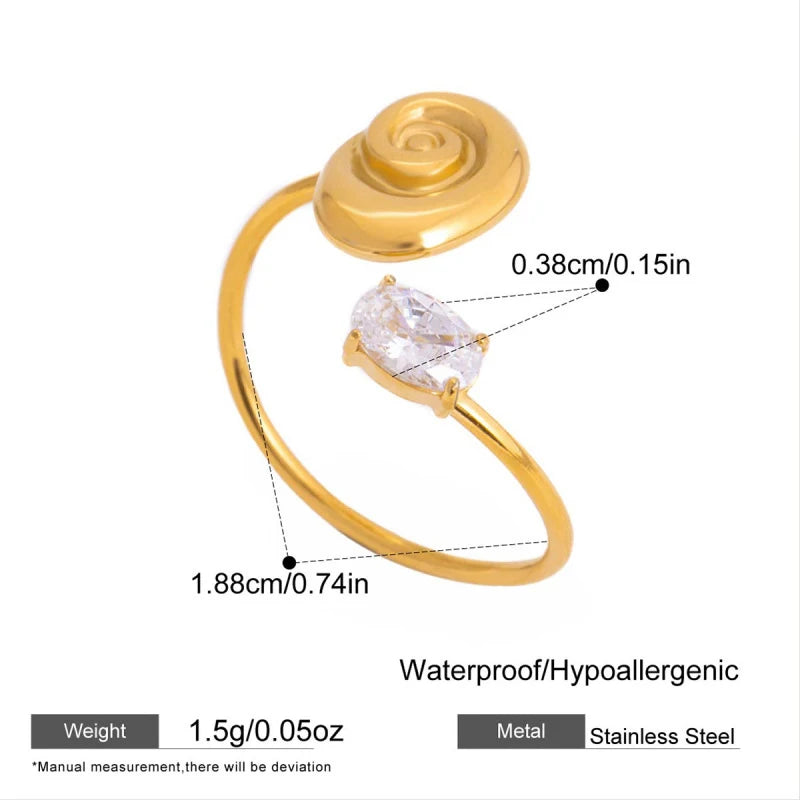 18K Gold Plated Stainless Steel Seashell Scallop Ring Adjustable Zircon Wedding Jewelry