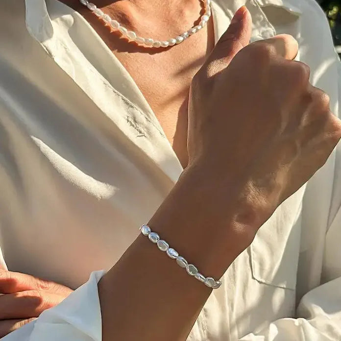 Oval Imitation Pearl Chain Bracelet Necklace Men Women Handmade Classic Jewelry Set