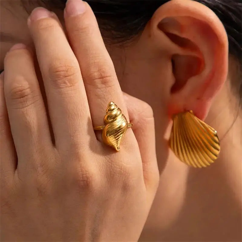 18K Gold Plated Stainless Steel Waterproof Ribbed Large Shell Stud Earrings