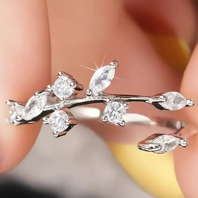 Women’s Sweet Leaves Cubic Zirconia Brass Wedding Opening Ring Plant Design