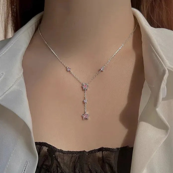 Luxury Stainless Steel Pink Zircon Star Pendant Necklace for Women Y2K