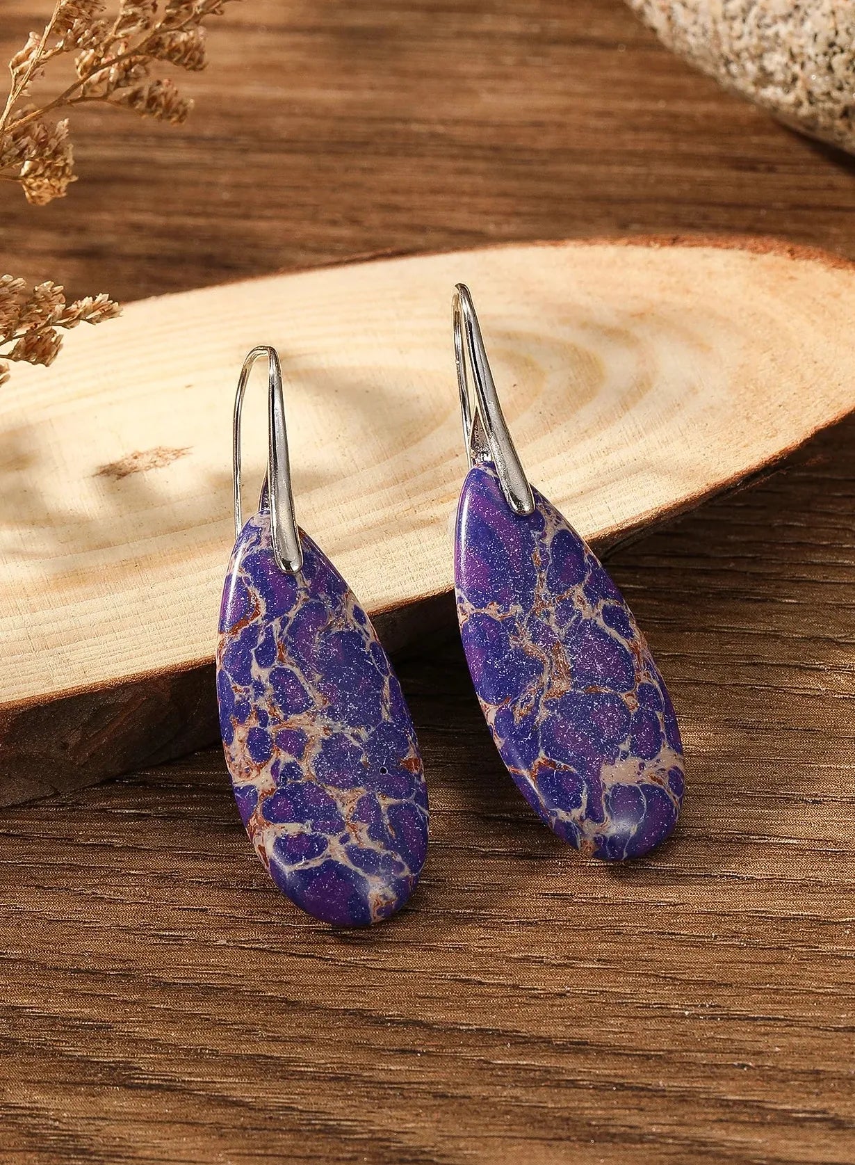 Boho Silver Teardrop Dangle Earrings with Red Jasper Natural Stone for Women