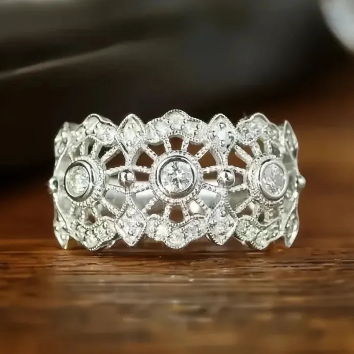 Elegant Silver Women’s Geometric CZ Ring Hollow Out Fashion Band