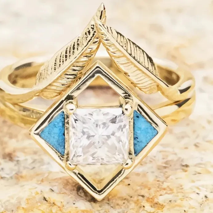 Luxury Feather Design Ring with Princess Cut Cubic Zirconia for Women