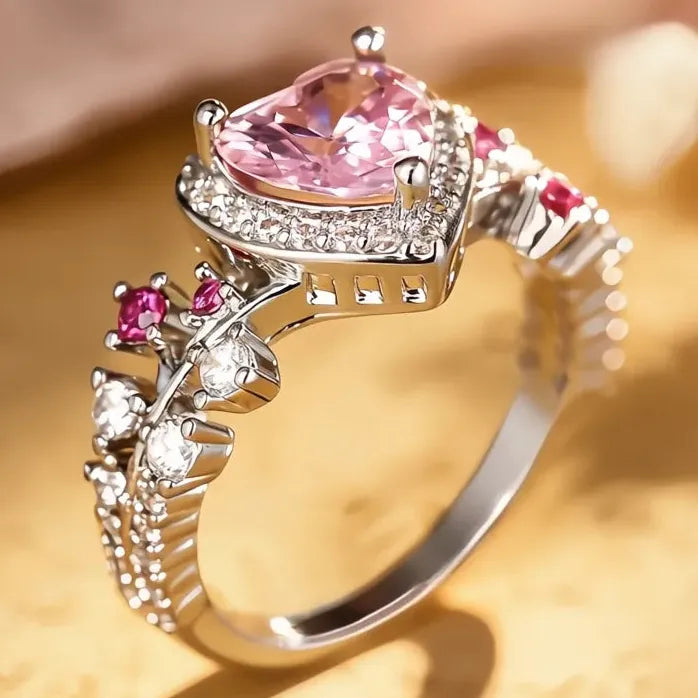 Heart Pink Cubic Zirconia Silver Wedding Ring for Women Engagement