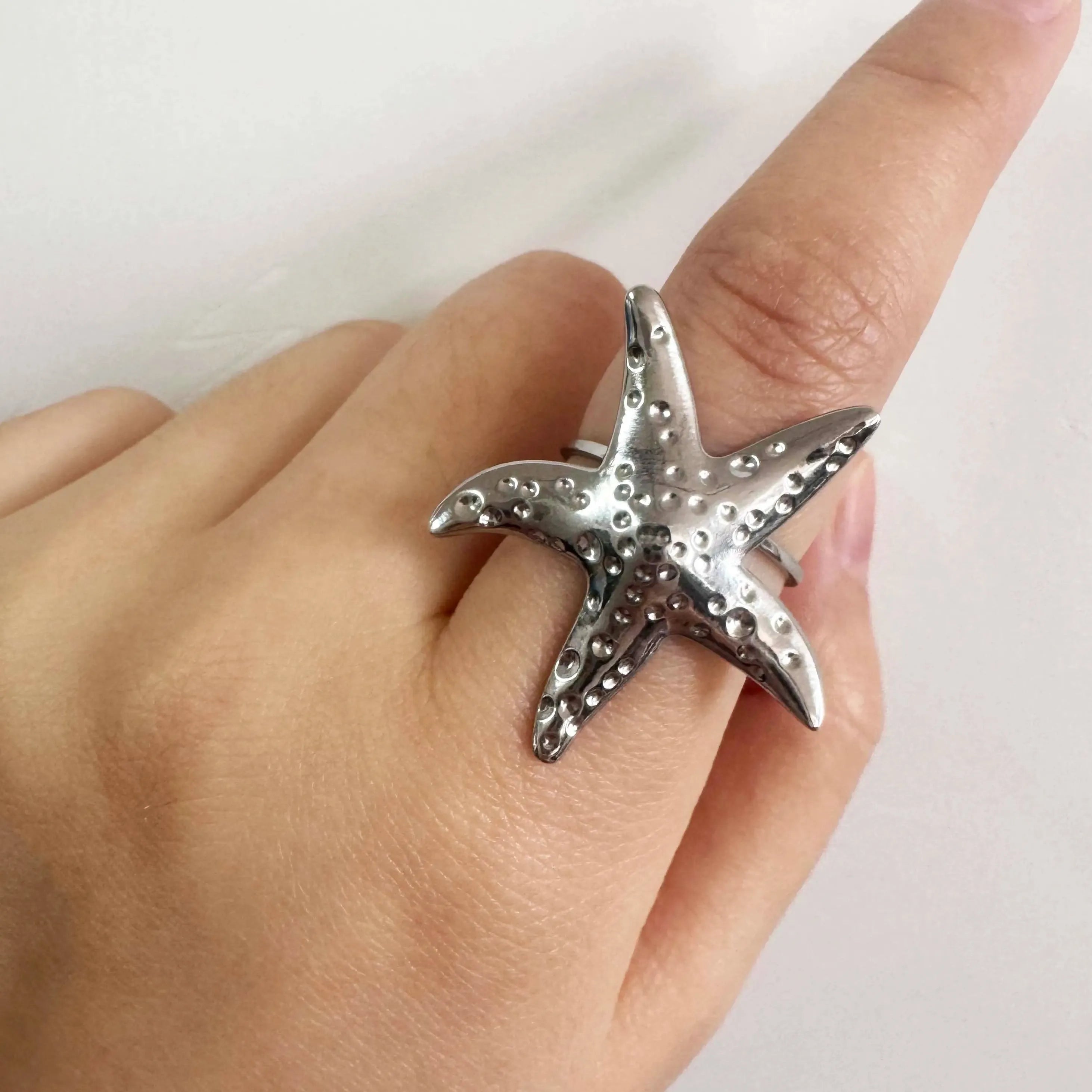 Adjustable Stainless Steel Starfish Multi-Layer Vintage Silver Ring for Women Men Jewelry