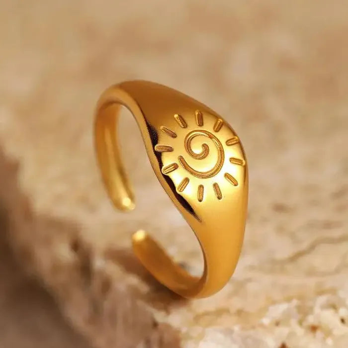 Gold Stainless Steel Geometric Sun Vortex Ring for Women Men Party Gift Jewelry