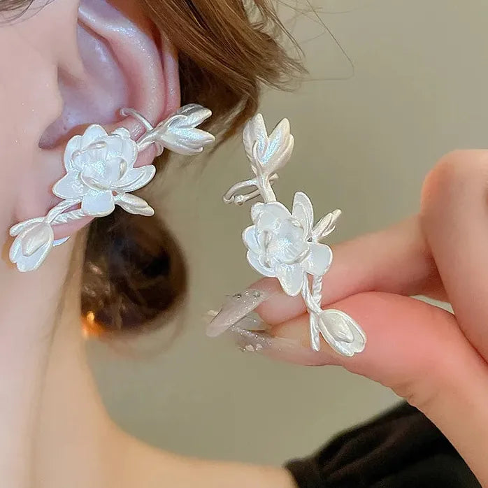 Vintage Matte Copper Jasmine Plant Stud Earrings Art Deco Unisex Jewelry