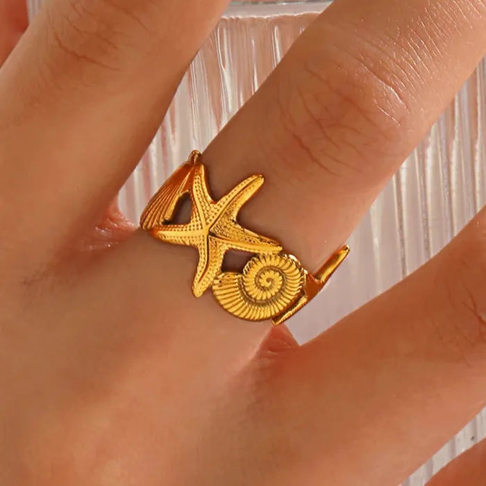 Vintage Stainless Steel Ocean Ring Starfish Conch Crab Fish Adjustable Jewelry