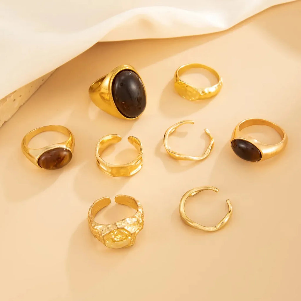 8Pcs Vintage Brown Geometric Stone Open Rings Set for Women Fashion Jewelry