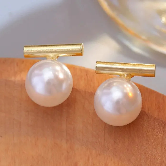 Korean Simple Round Metal Pearl Stud Earrings for Women Gift Jewelry
