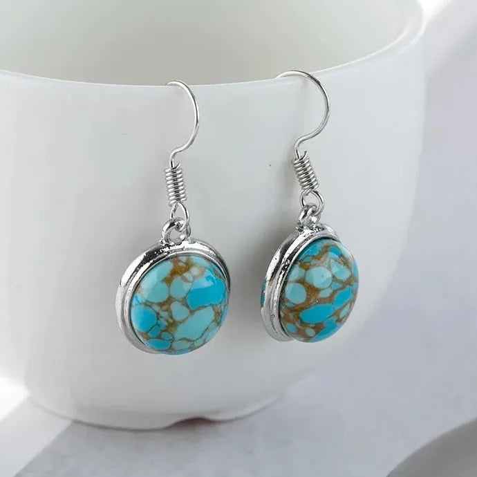 Vintage Silver Round Turquoise Stud Earrings for Women Zinc Alloy Jewelry