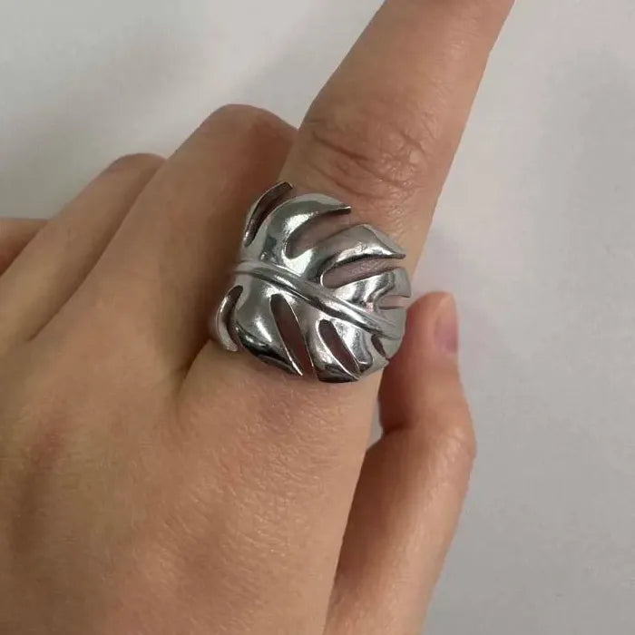 Adjustable Stainless Steel Leaf Wave Line Ring for Women Vintage Gold Jewelry