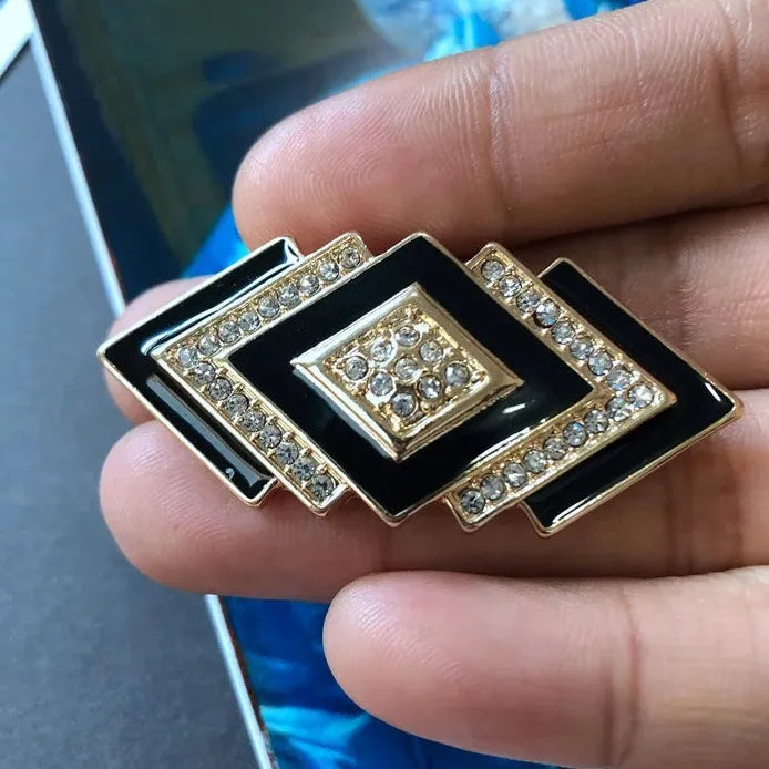 Vintage Women's Geometric Rhombus Rhinestone Brooch Pin Black White