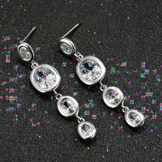 Long Silver Geometric Drop Earrings Copper Alloy Luxury Cubic Zirconia