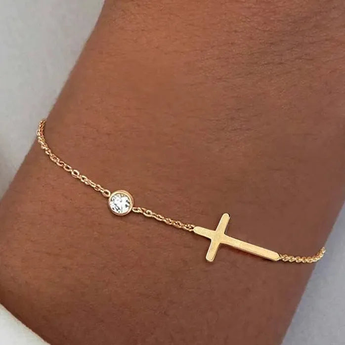 Gold Stainless Steel Cross Chain Bracelet for Women CZ Zircon Charm Gift