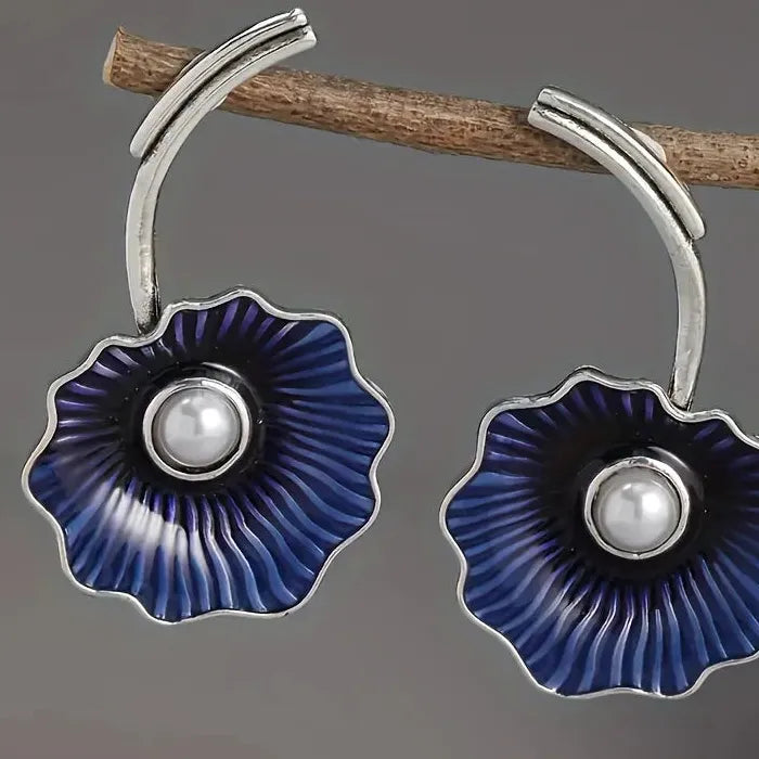 Retro Blue Flower Pearl Drop Earrings Zinc Alloy for Parties & Cocktails