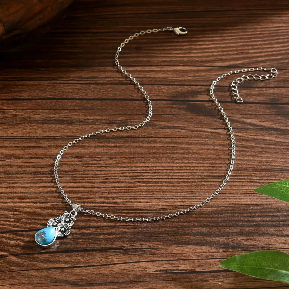 Vintage Floral Asymmetrical Long Drop Earrings Blue Stone Metal Necklace Set