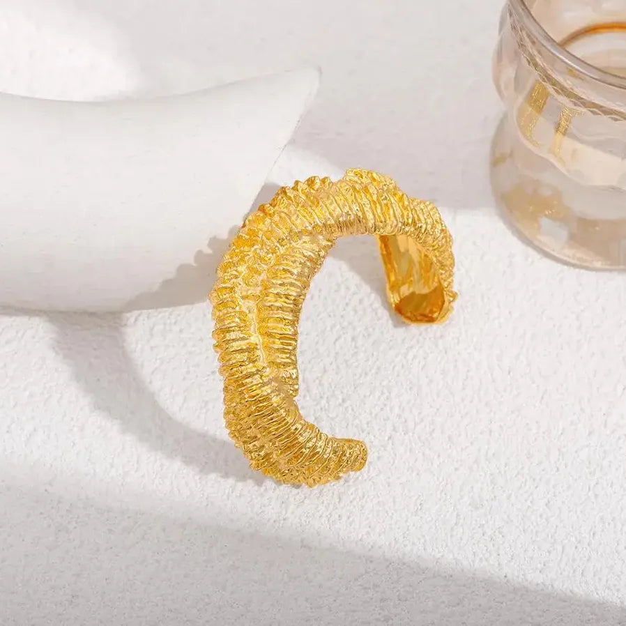 18K Gold Plated Hip-Hop Rock Lava Textured Chunky Open Cuff Bracelet