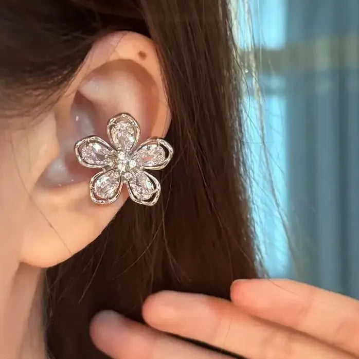 Delicate Zircon Hollow Five Petal Flower Clip Earrings Ear Cuff Women Gift