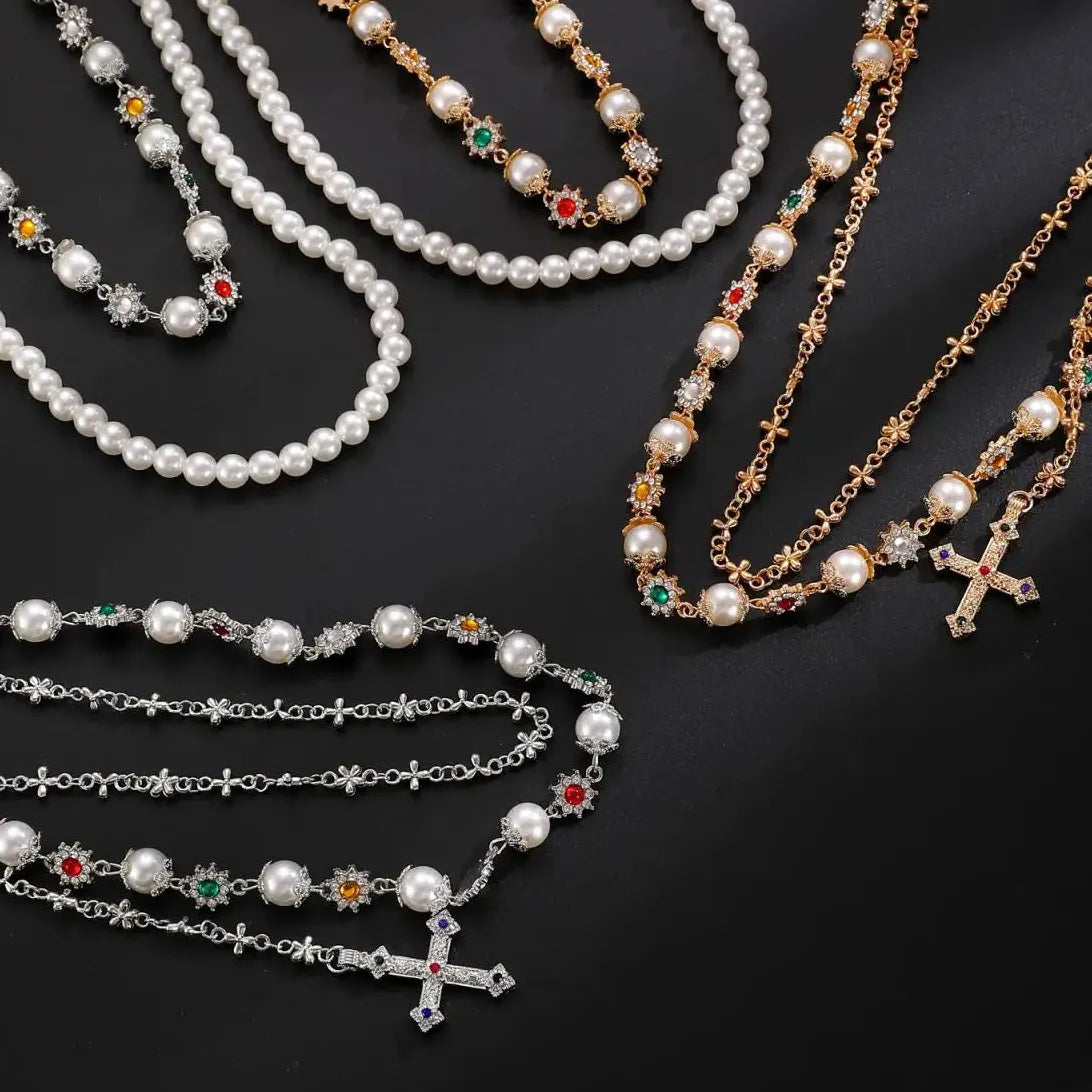 Punk Gothic Zinc Alloy Cross Pendant Multi-Layer Pearl Waist Chain Jewelry
