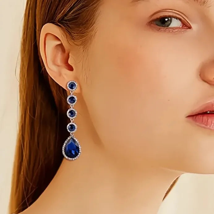 Blue Cubic Zirconia Geometric Drop Earrings for Women Wedding Jewelry