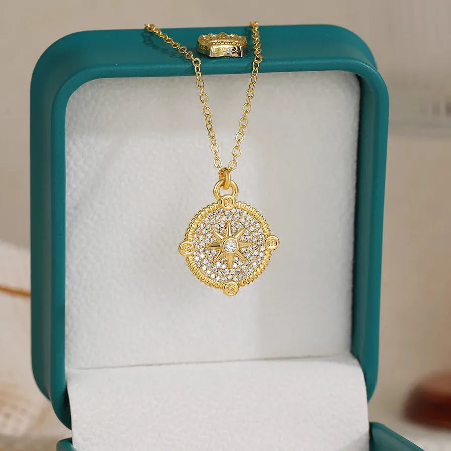 Personality Thick Star Circle Pendant Necklace Stainless Steel CZ Jewelry Gift