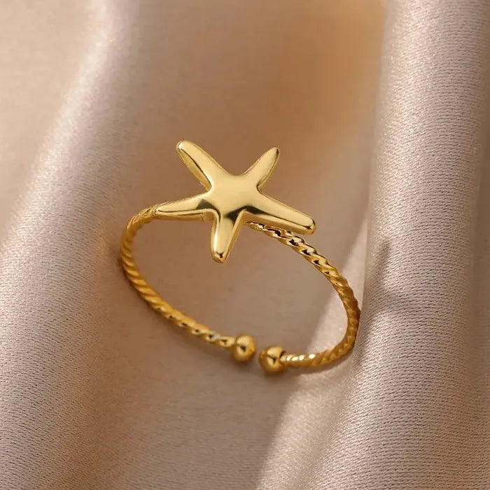 Adjustable Stainless Steel Gold Starfish Ring Vintage Beach Jewelry Women