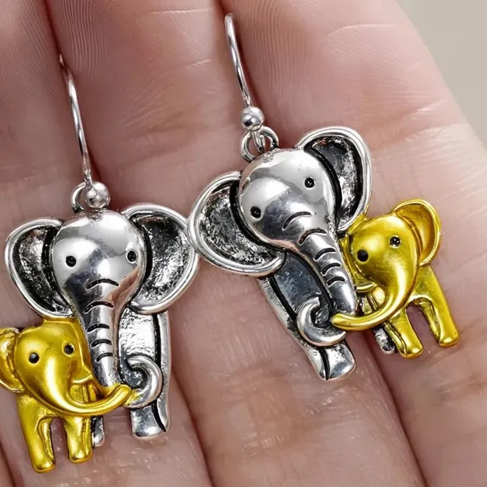 Vintage Brass Mother and Baby Elephant Dangle Earrings for Women Gift