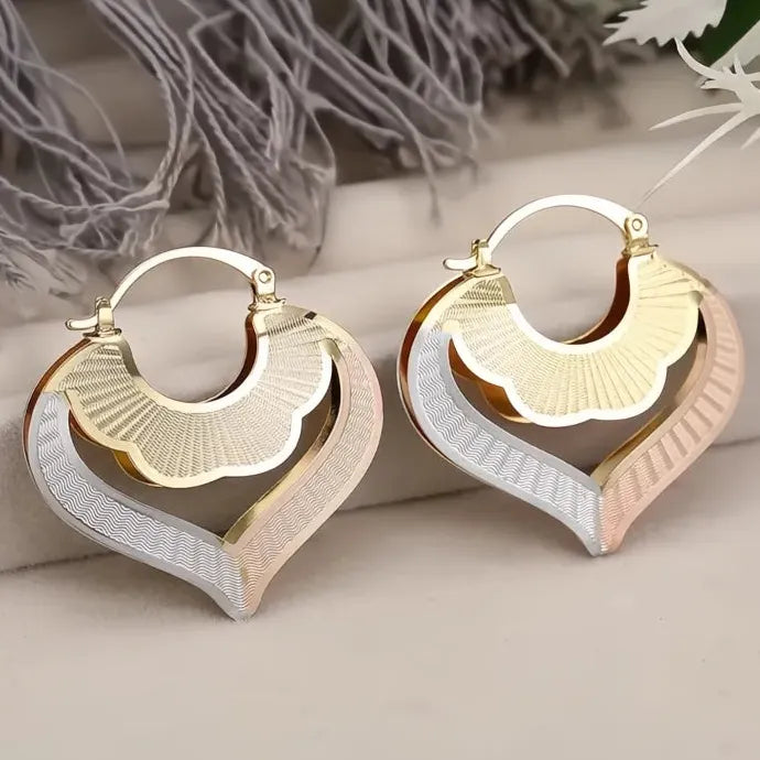 Heart Design Women’s Three Tone Hollow Out Drop Earrings Brass Jewelry