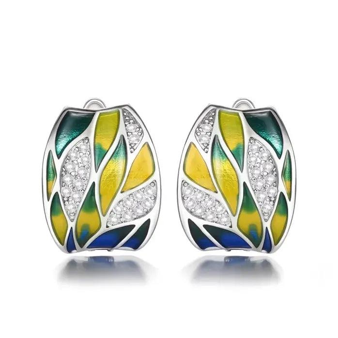 Women's Leaf Design Enamel Hoop Earrings Brass Alloy Anniversary Jewelry
