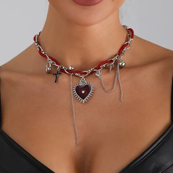Zinc Alloy Red Beaded Heart Cross Rivet Pendant Necklace Gift