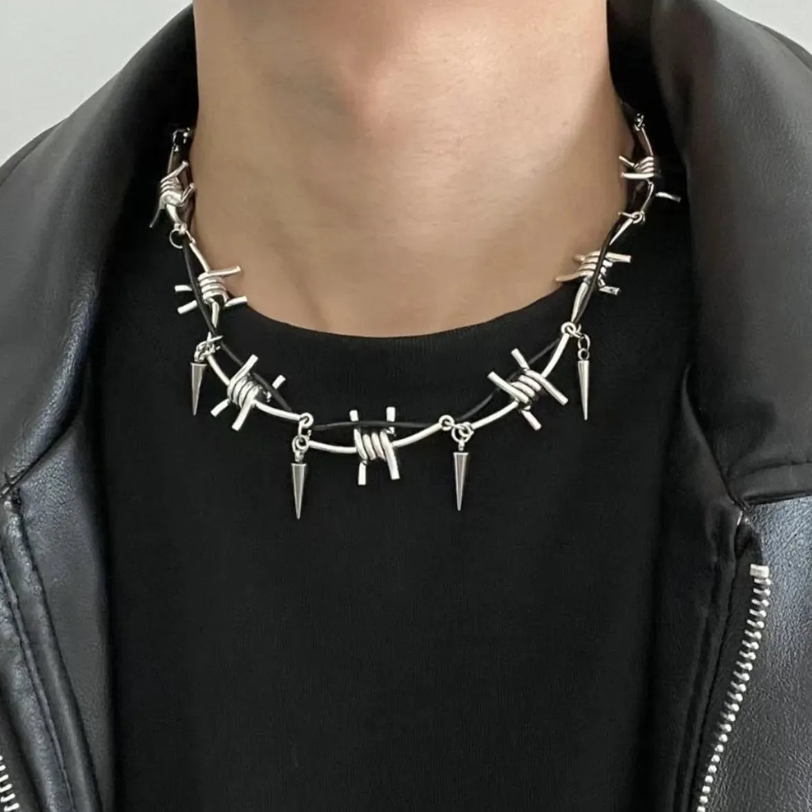 Stainless Steel Gothic Barbed Wire Rivet Double Layer Necklace for Men Women