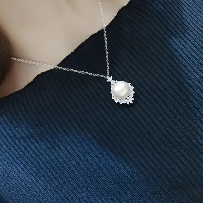 Geometric Pearl Pendant Necklace CZ Copper Alloy Wedding Jewelry Gift for Women