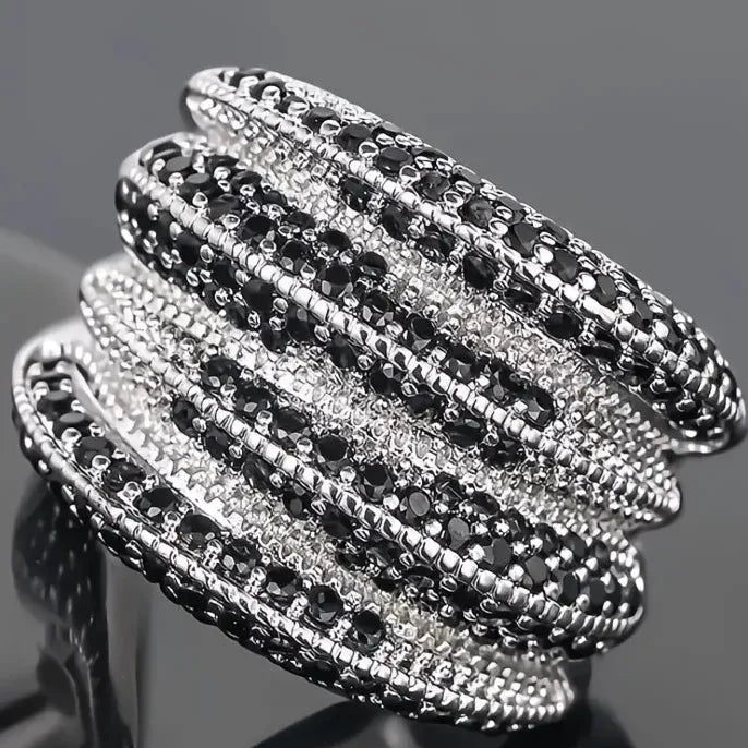 Hiphop Women’s Cocktail Ring Silver Color Brass Black Sparkling Cubic Zirconia Party Jewelry