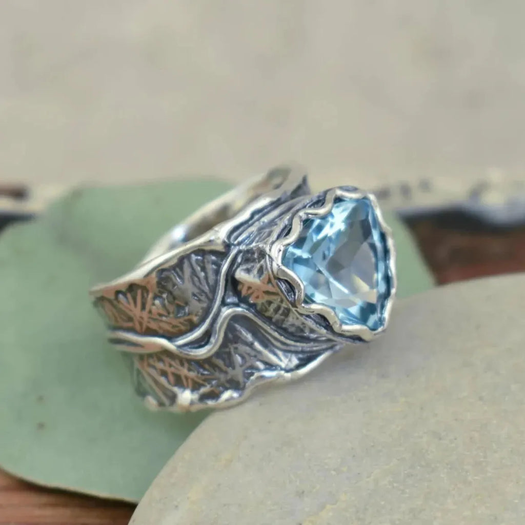 Silver-Plated Boho Ring with Blue Gemstone Inlay Vintage Style for Women
