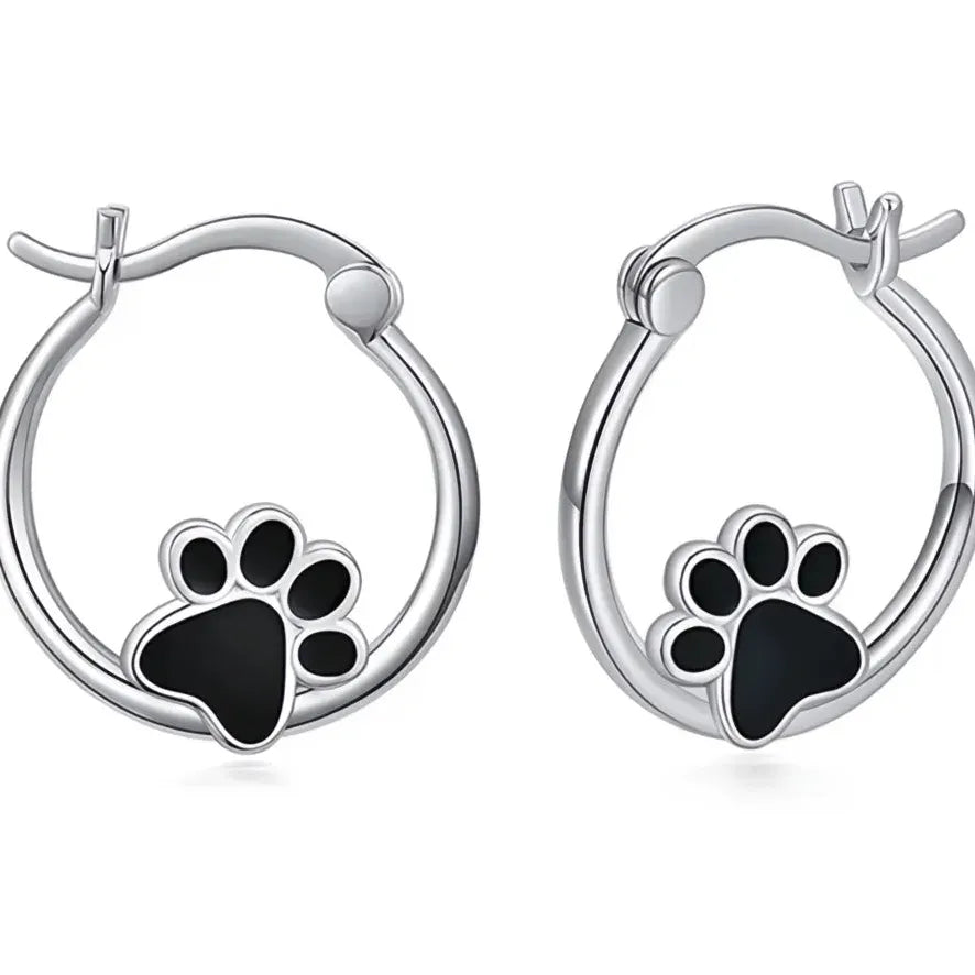 Creative Footprint Shape Black Enamel Hoop Earrings for Women Teens Silver Color Copper Alloy Jewelry Gift