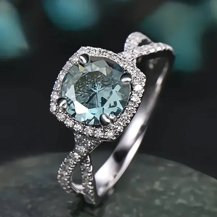 Women Silver Brass Ring with Blue CZ Cubic Zirconia for Party Wedding Jewelry