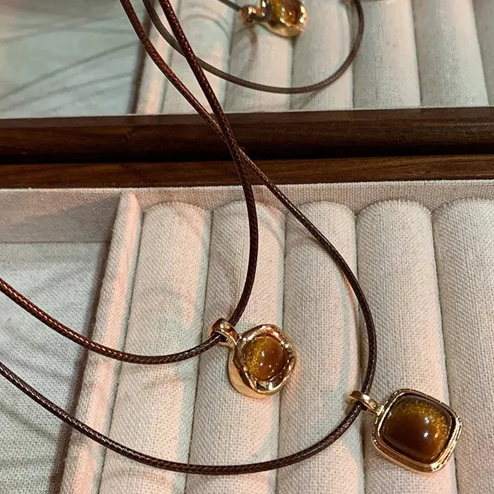 Brown Natural Stone Geometric Pendant Necklace with Leather Rope Chain