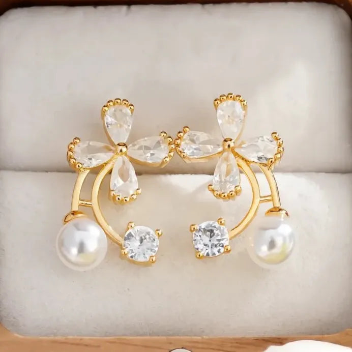 Simulated Pearl & Cubic Zirconia Crystal Flower Stud Earrings for Women