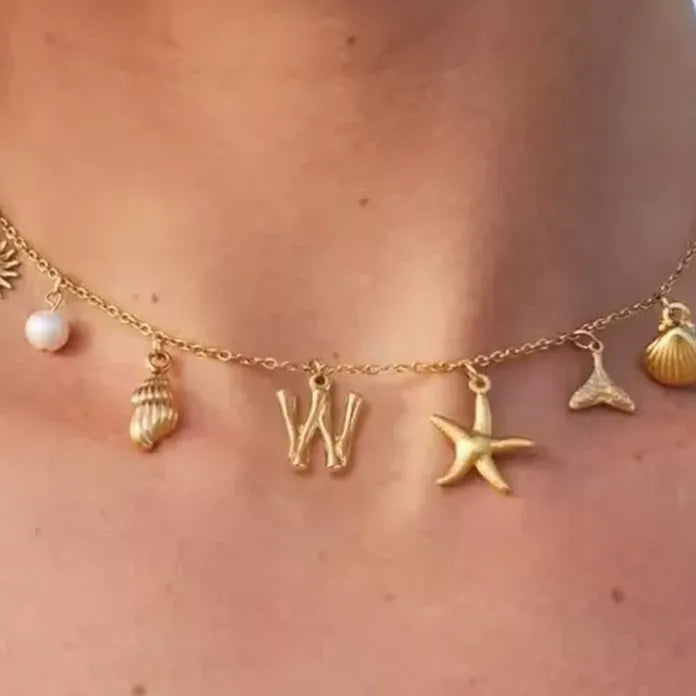 Copper Surfer Girl Seashell Initial Choker Necklace Beach Jewelry Gift